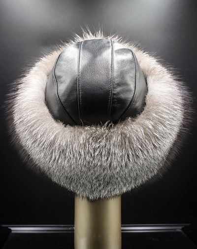 Italian Lamb Leather Hat with Natural Indigo Fox Trim