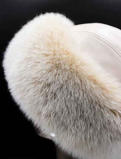 Cream-Tone Italian Lamb Leather Hat with Blush Fox Trim