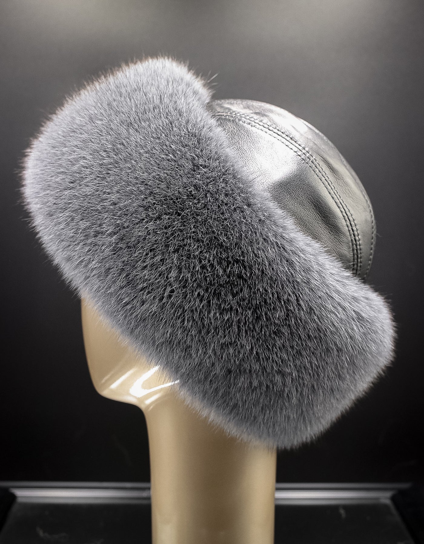 Italian Lamb Leather Crown Hat with Charcoal Fox Trim