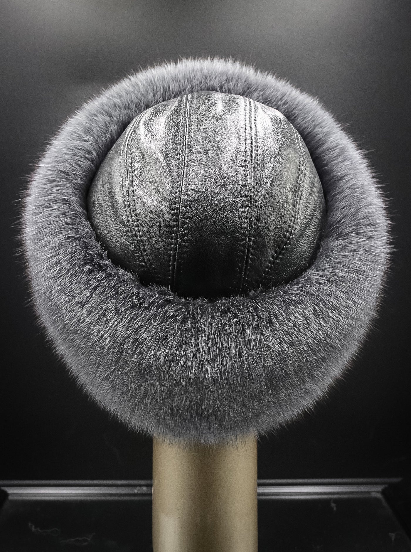 Italian Lamb Leather Crown Hat with Charcoal Fox Trim