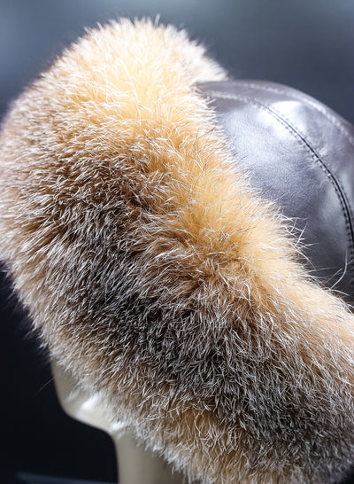 Brown Italian Lamb Leather Hat with Crystal Fox Trim