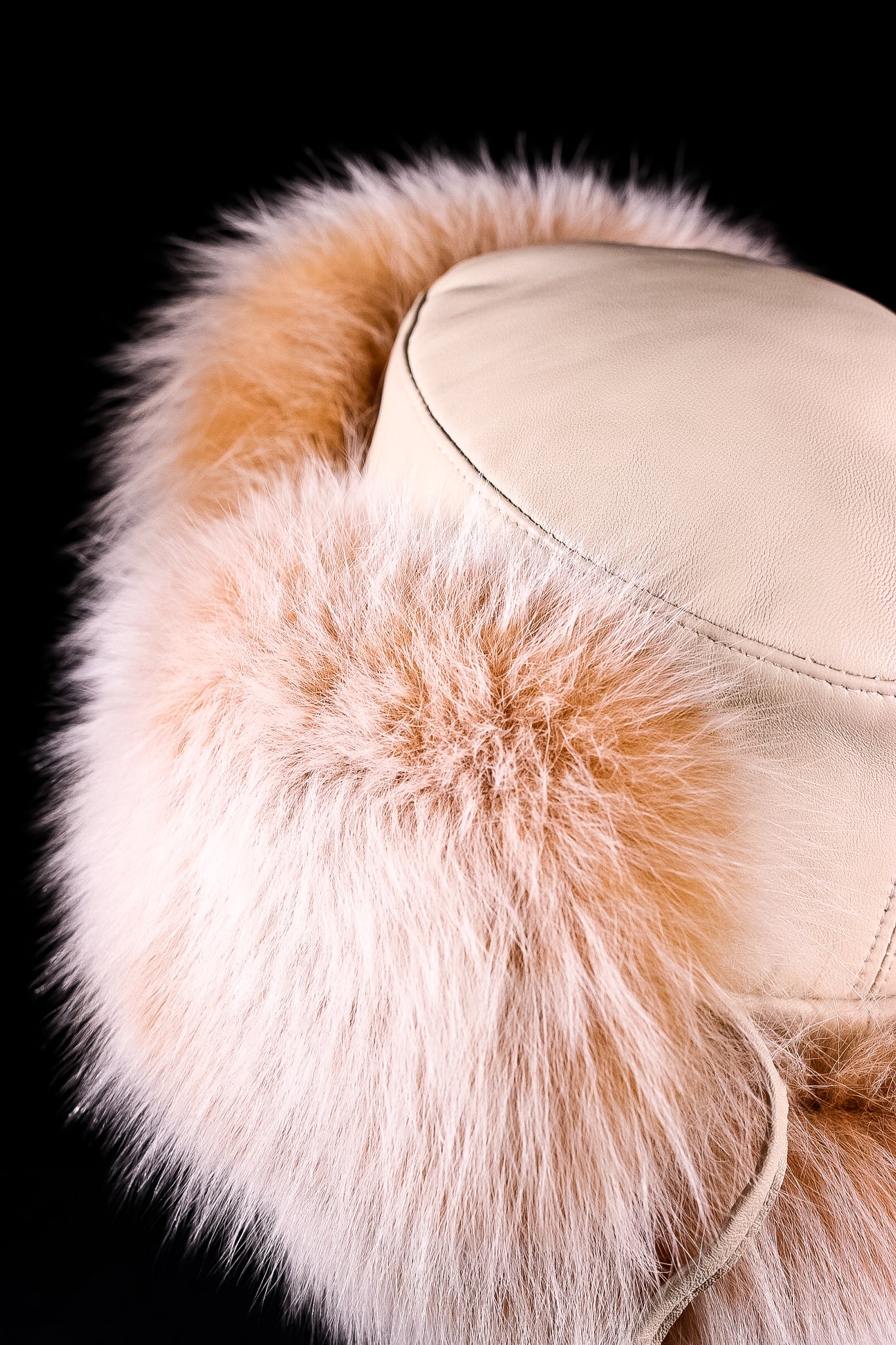 Cream-Toned Italian lamb Leather Trooper Hat with Blush Fox