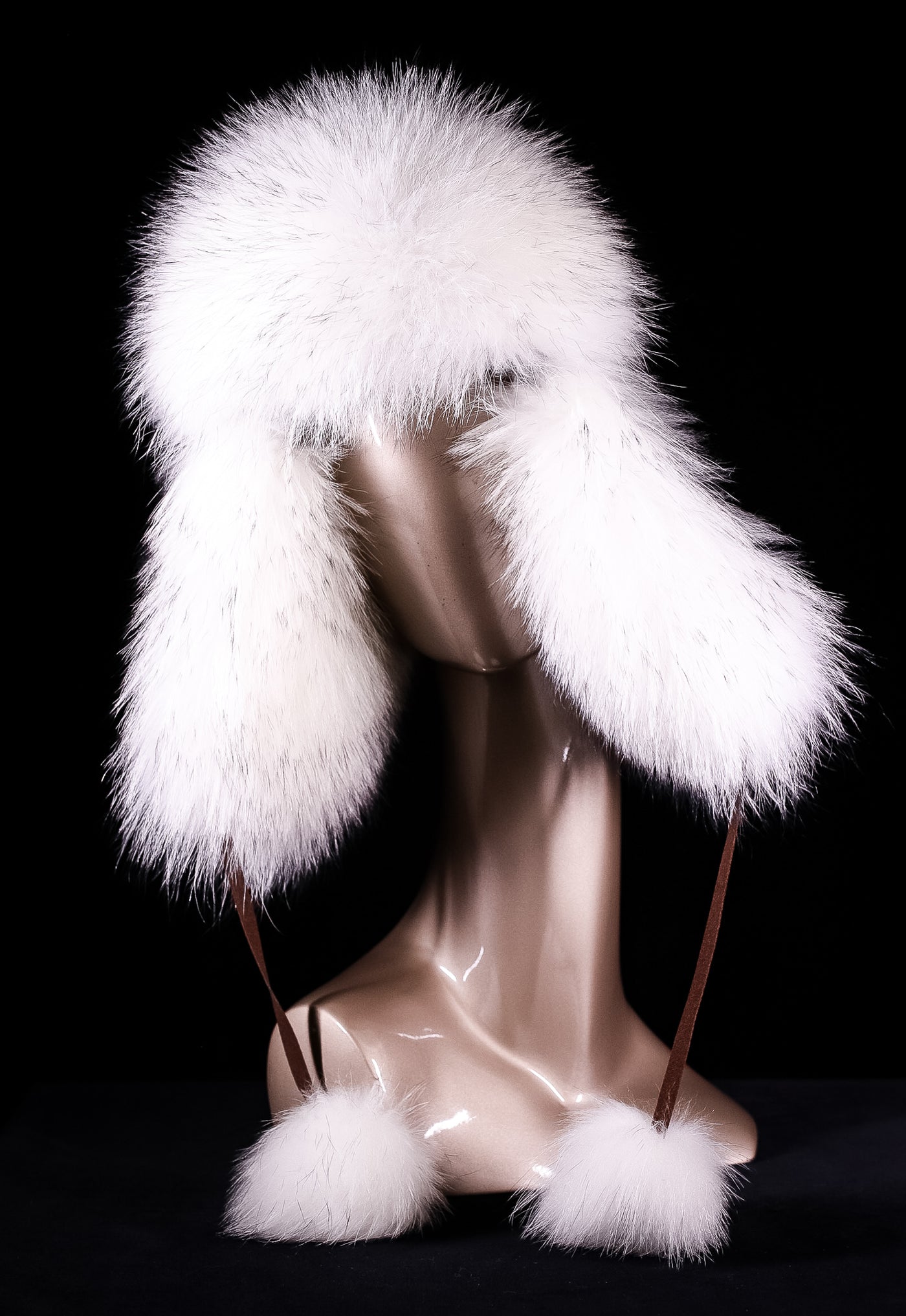 Italian Lamb Leather Musher Hat with Finn Raccoon Trim and Pom-Poms