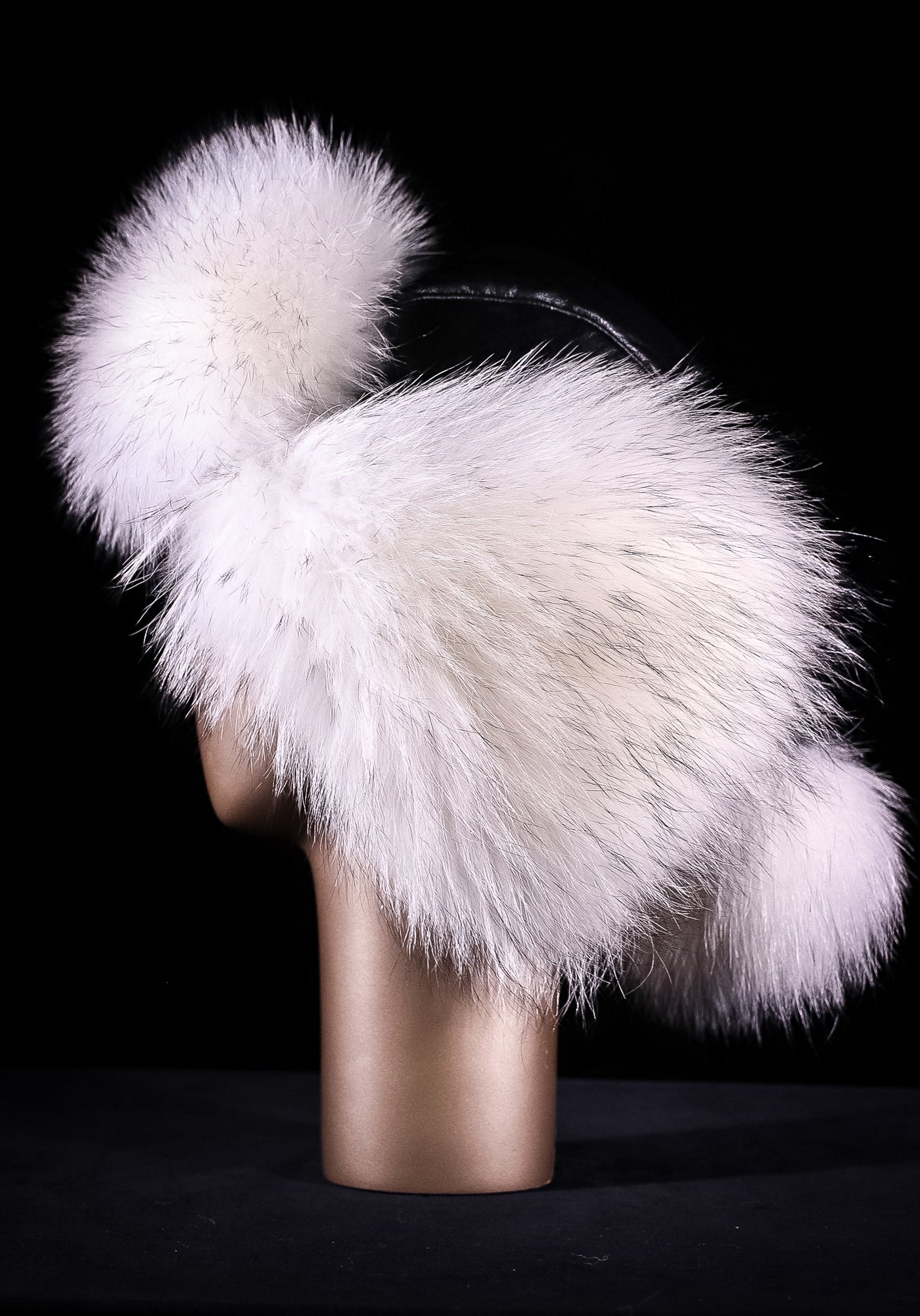 Italian Lamb Leather Musher Hat with Finn Raccoon Trim and Pom-Poms