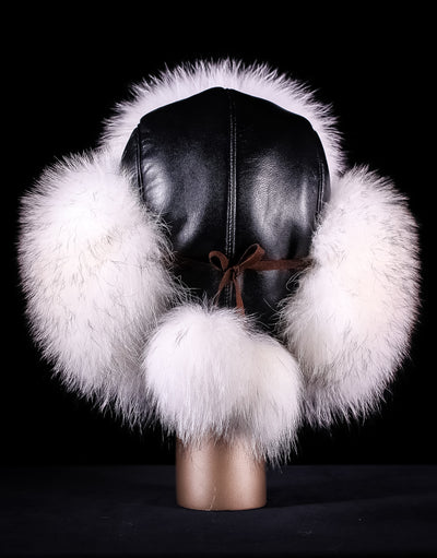 Italian Lamb Leather Musher Hat with Finn Raccoon Trim and Pom-Poms