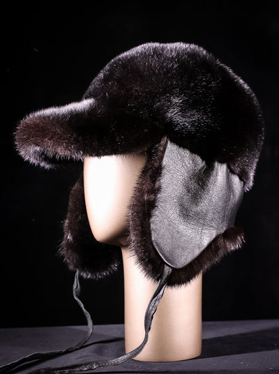 Natural Ranch Black Mink Baseball Hat with Italian Lamb Trooper Ear-Flaps