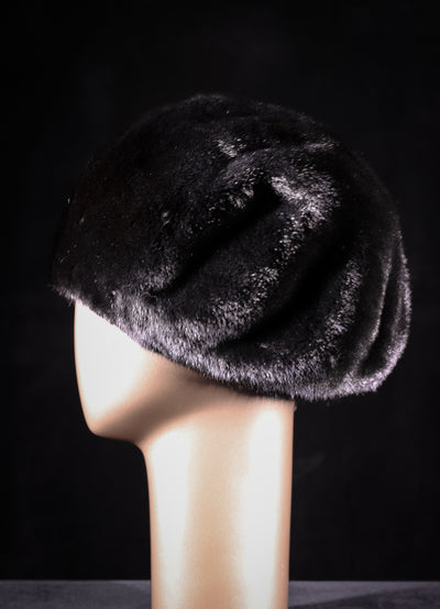 Black Long Hair Mink Beret with Crystal Lamb Leather Brooch