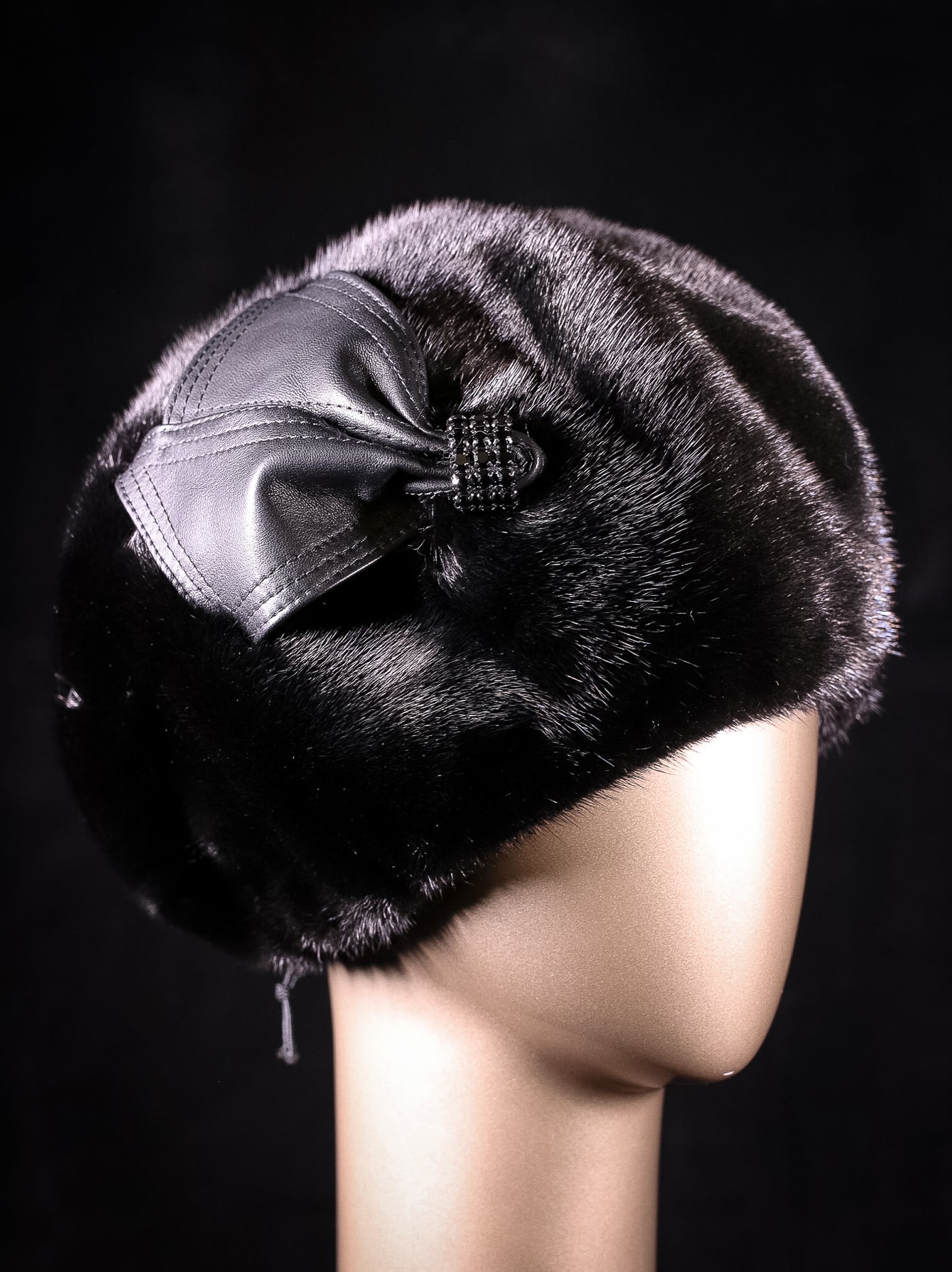 Black Long Hair Mink Beret with Crystal Lamb Leather Brooch