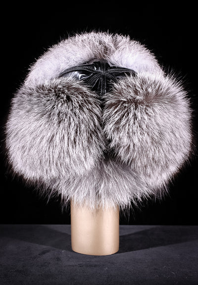 Black Ushanka Trooper Hat with Indigo Fox