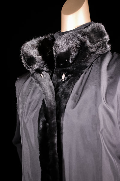 Sheared Mink Reversible to Taffeta Rainwear Vest with Long Hair Mink Collar