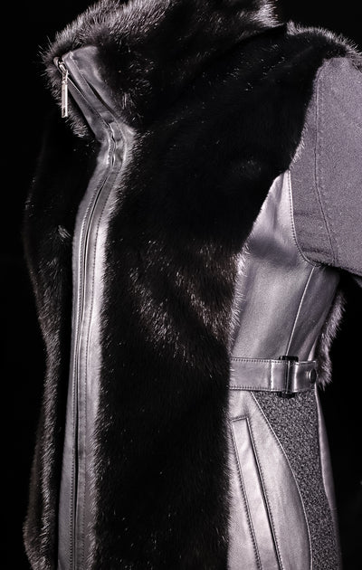 Italian Lamb Leather Vest with Long Hair Mink Panels and Stand-Up Collar