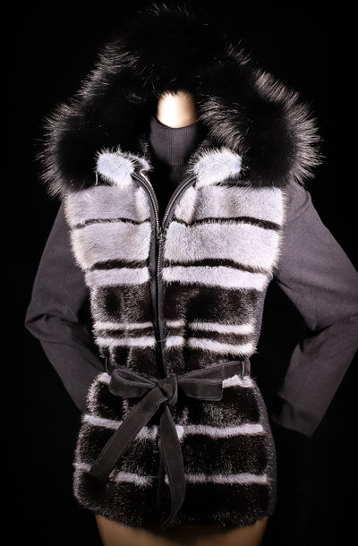 Woven Wool Belted Vest with Horizontal Mink Panels and Fox Trimmed Hood