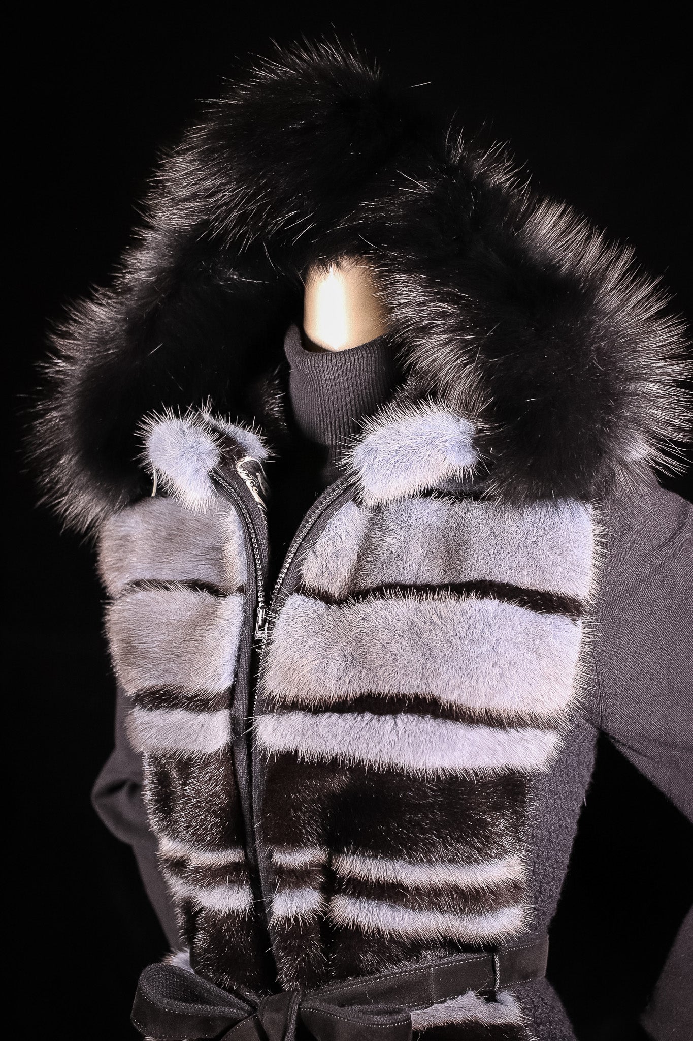 Woven Wool Belted Vest with Horizontal Mink Panels and Fox Trimmed Hood