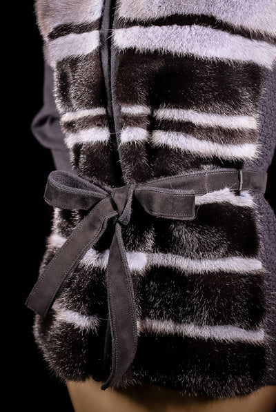 Woven Wool Belted Vest with Horizontal Mink Panels and Fox Trimmed Hood