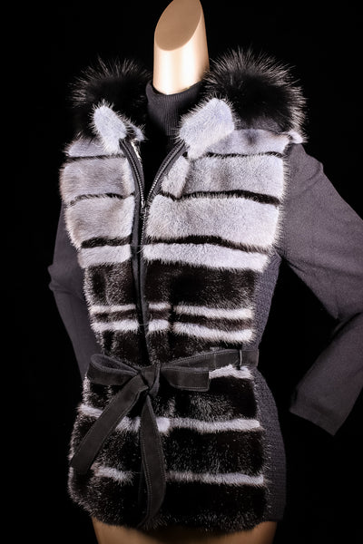 Woven Wool Belted Vest with Horizontal Mink Panels and Fox Trimmed Hood