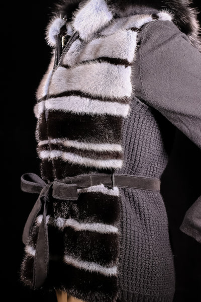 Woven Wool Belted Vest with Horizontal Mink Panels and Fox Trimmed Hood