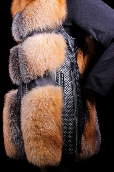 Perforated Italian Lamb Leather Long Vest with Silver Fox Panels and Collar