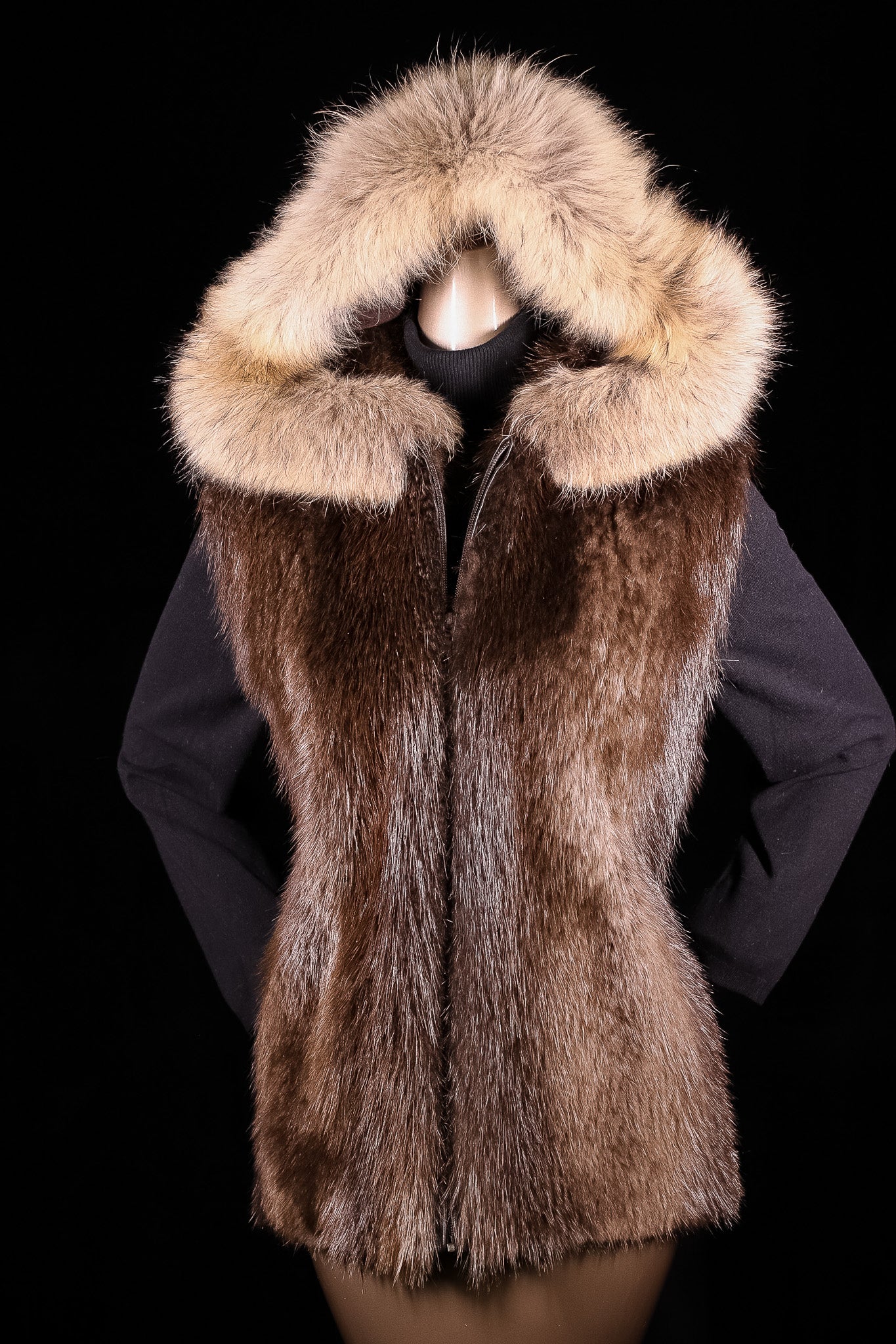 Natural Long Hair Beaver Hooded Vest with Finn Raccoon Ruff