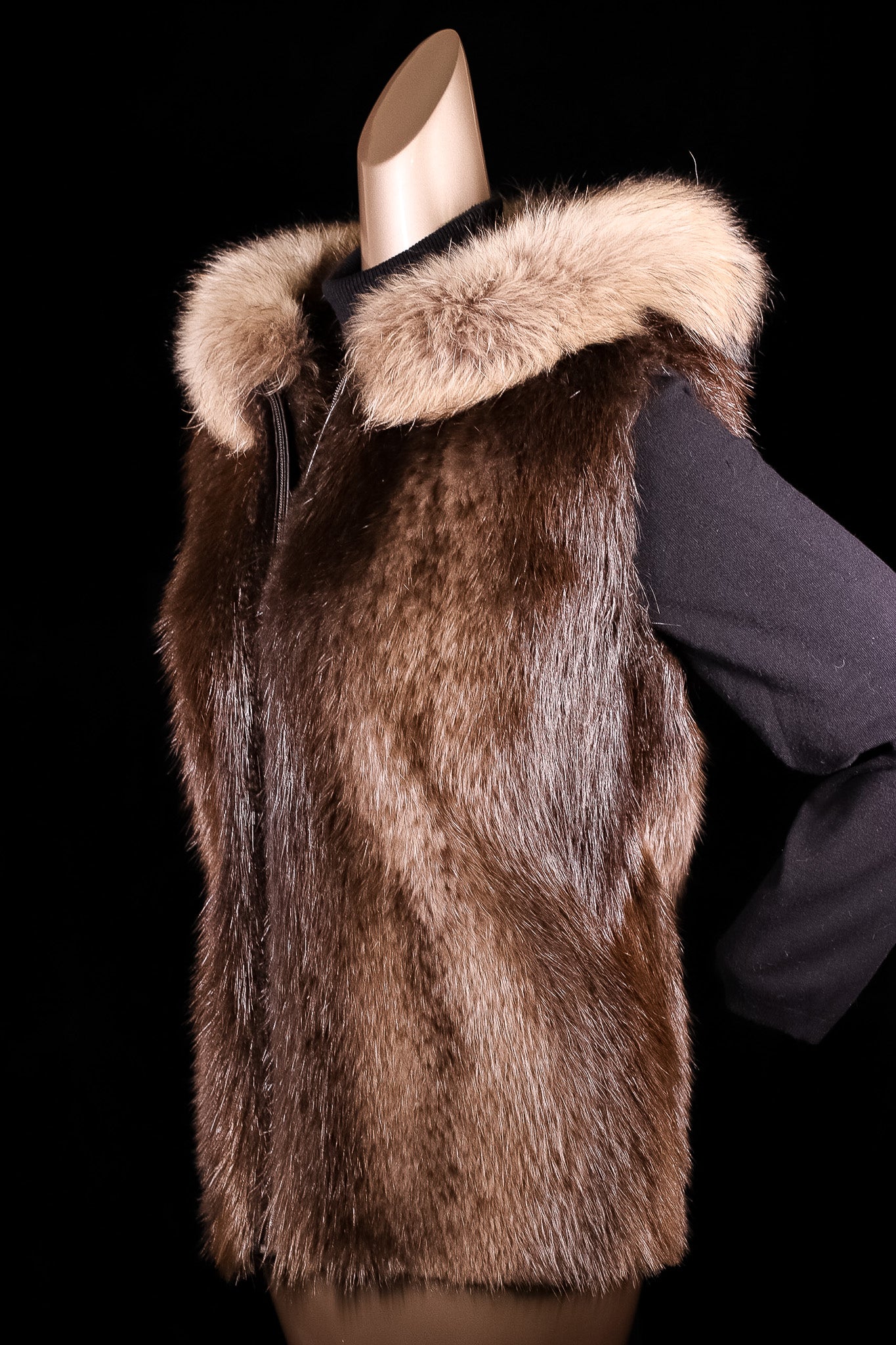 Natural Long Hair Beaver Hooded Vest with Finn Raccoon Ruff