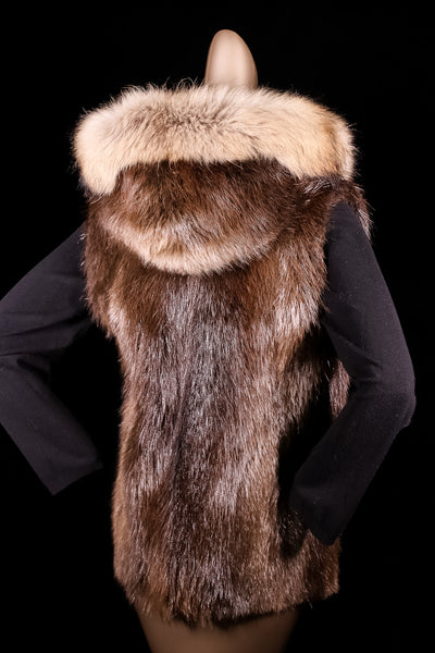 Natural Long Hair Beaver Hooded Vest with Finn Raccoon Ruff