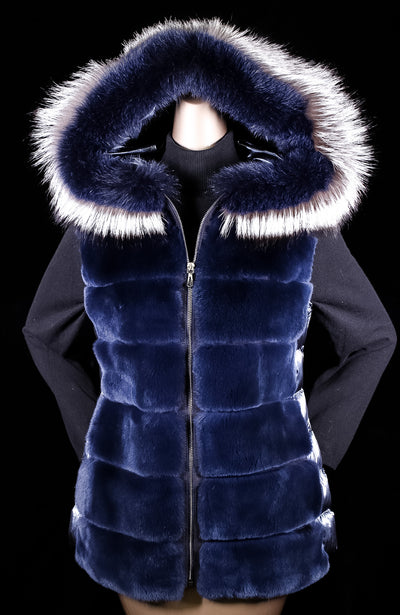 Horizontal-Paneled REX Rabbit Hooded Puffer Vest with Fox Ruff