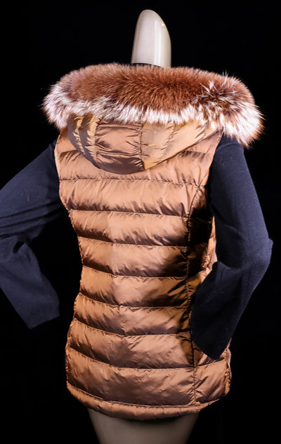 Horizontal-Paneled REX Rabbit Hooded Puffer Vest with Fox Ruff