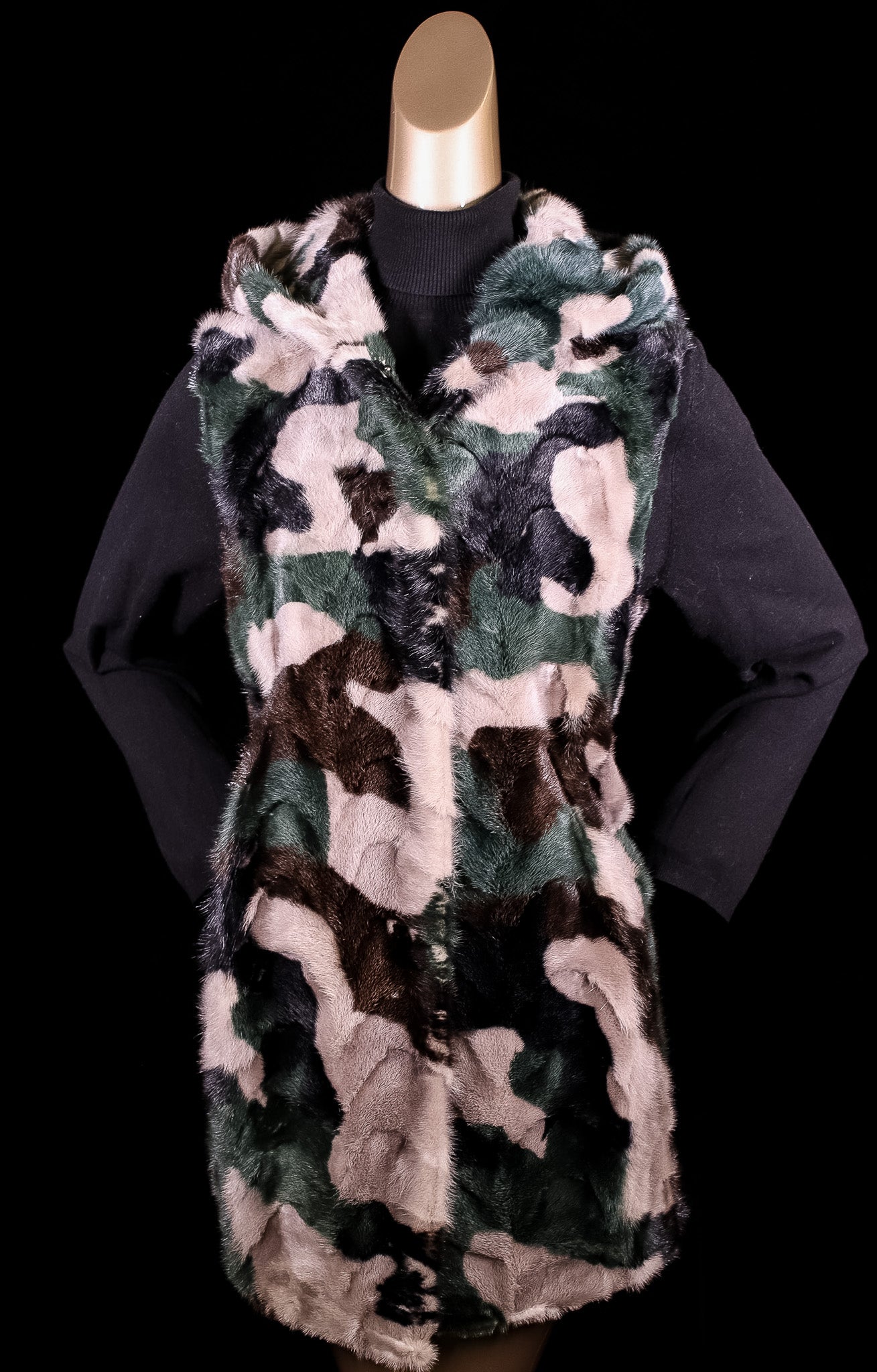 Camo Sectional Mink Hooded Vest Reversible to Taffeta Rainwear