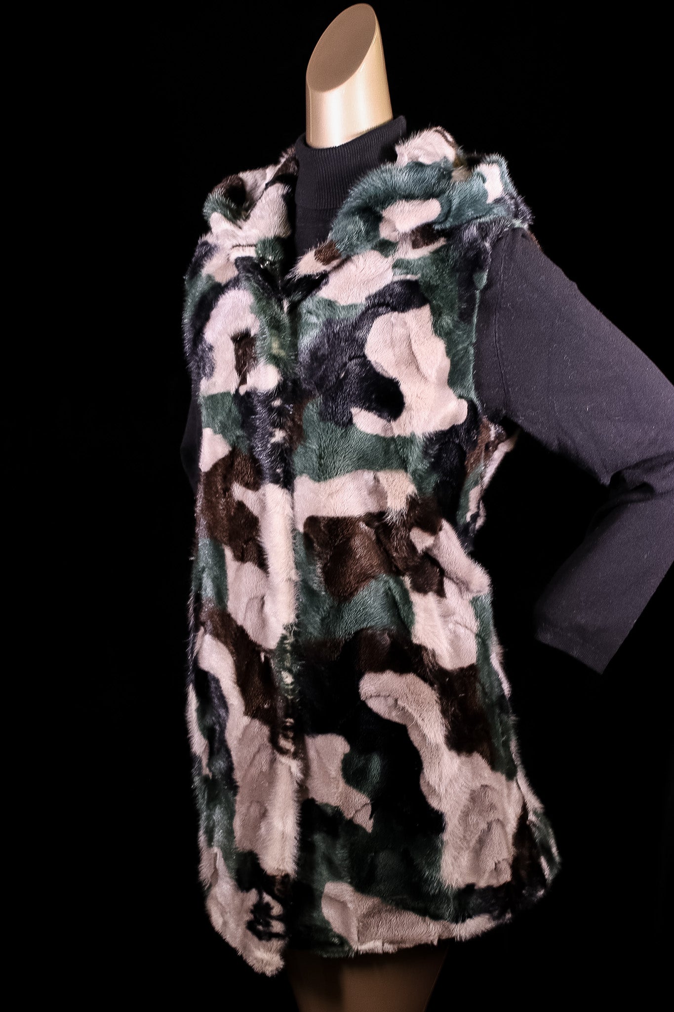 Camo Sectional Mink Hooded Vest Reversible to Taffeta Rainwear