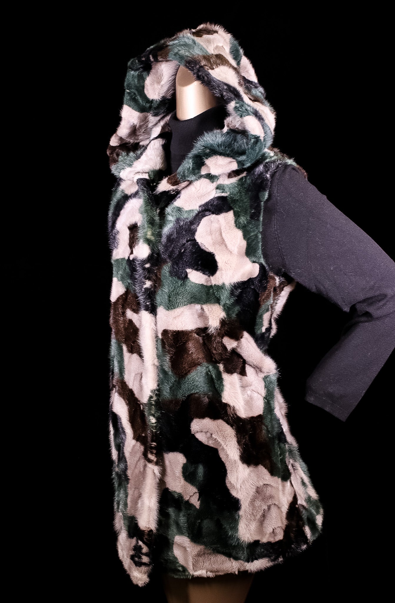 Camo Sectional Mink Hooded Vest Reversible to Taffeta Rainwear