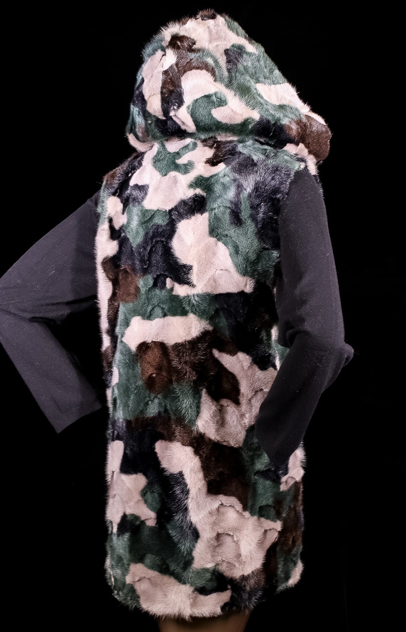 Camo Sectional Mink Hooded Vest Reversible to Taffeta Rainwear
