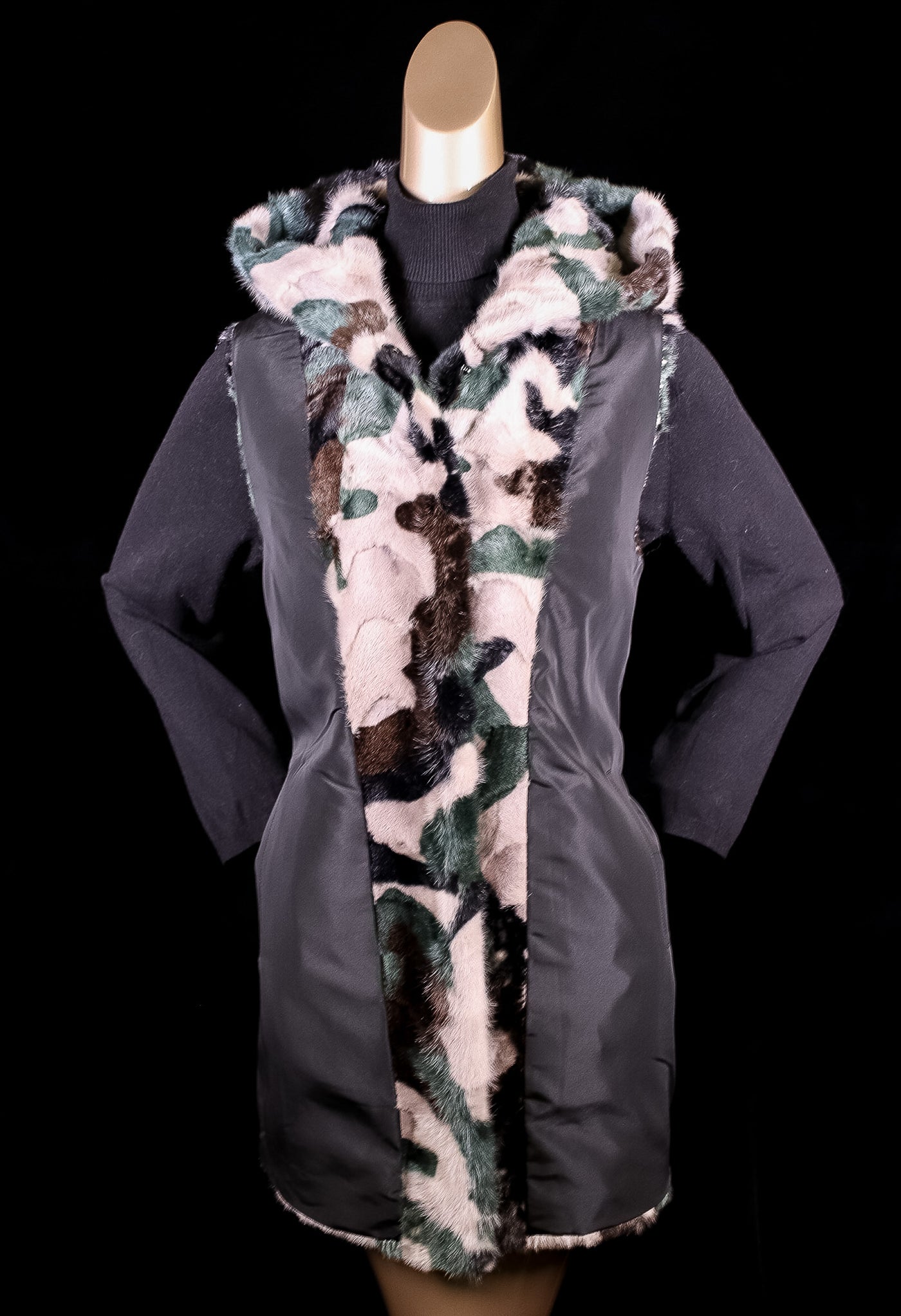 Camo Sectional Mink Hooded Vest Reversible to Taffeta Rainwear