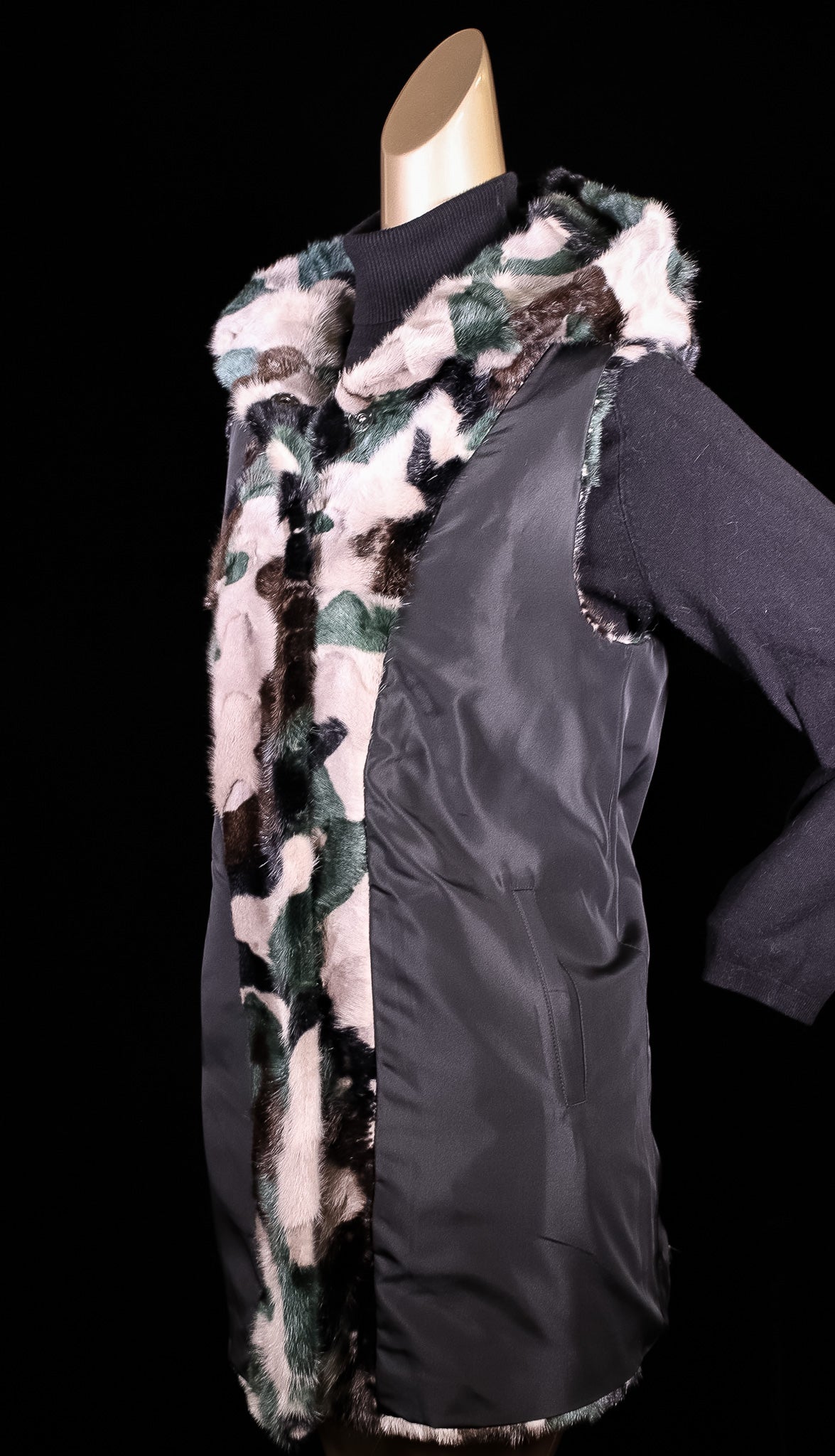 Camo Sectional Mink Hooded Vest Reversible to Taffeta Rainwear