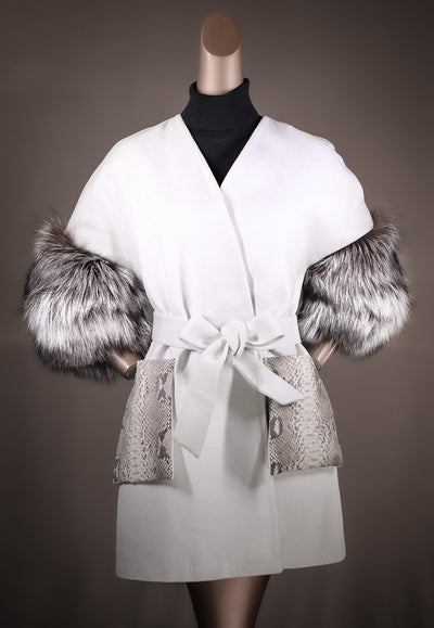 Italian Cashmere Belted Cape with Python Pockets and Silver Fox Sleeves