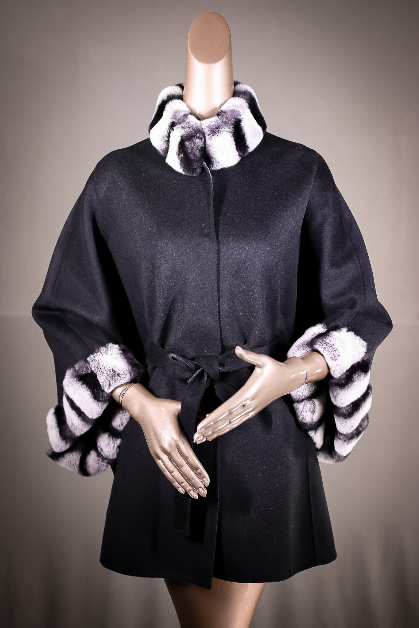 Reversible Wool Belted Cape with Chinchilla REX Rabbit Collar and Cuff