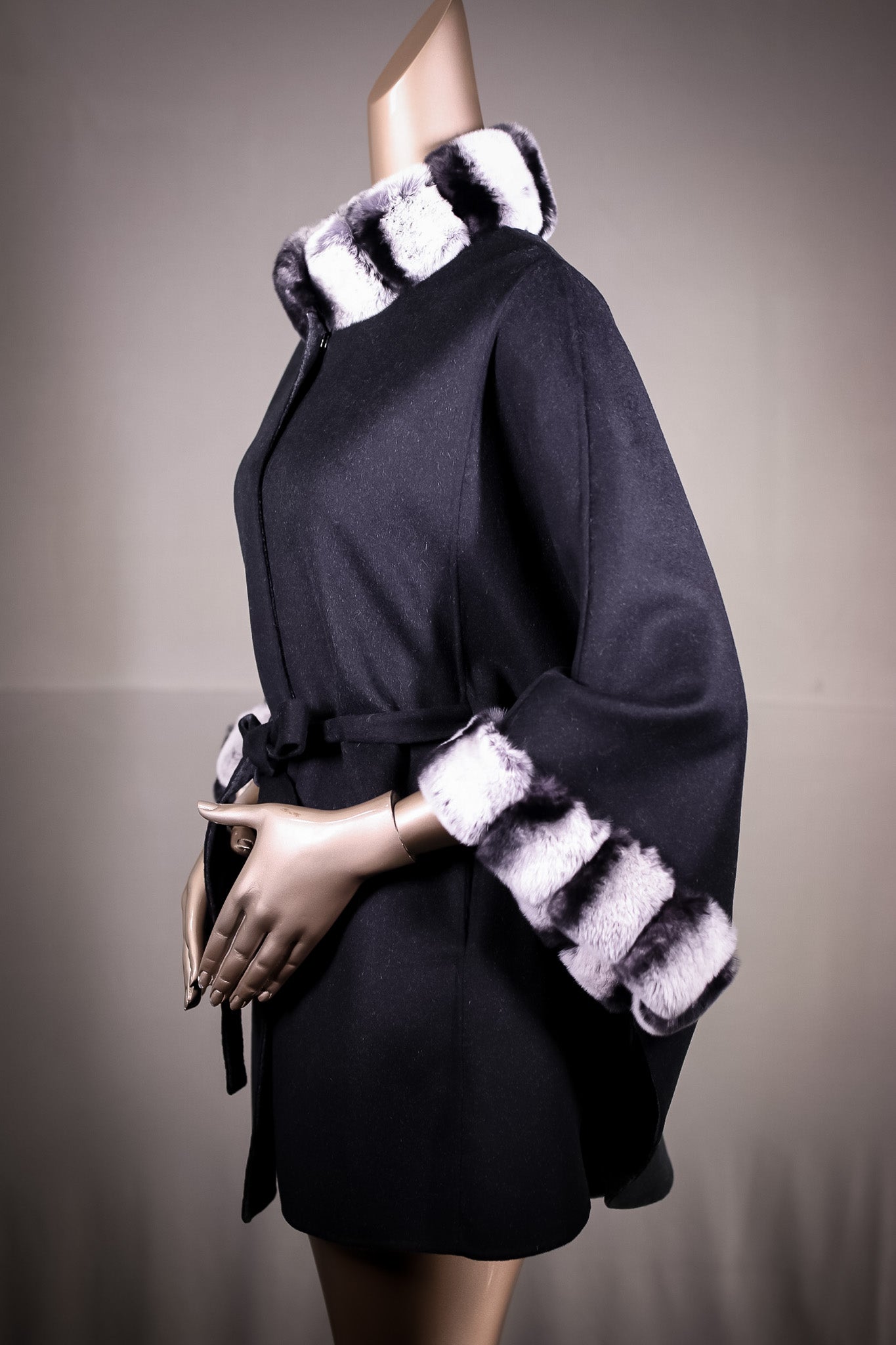 Reversible Wool Belted Cape with Chinchilla REX Rabbit Collar and Cuff