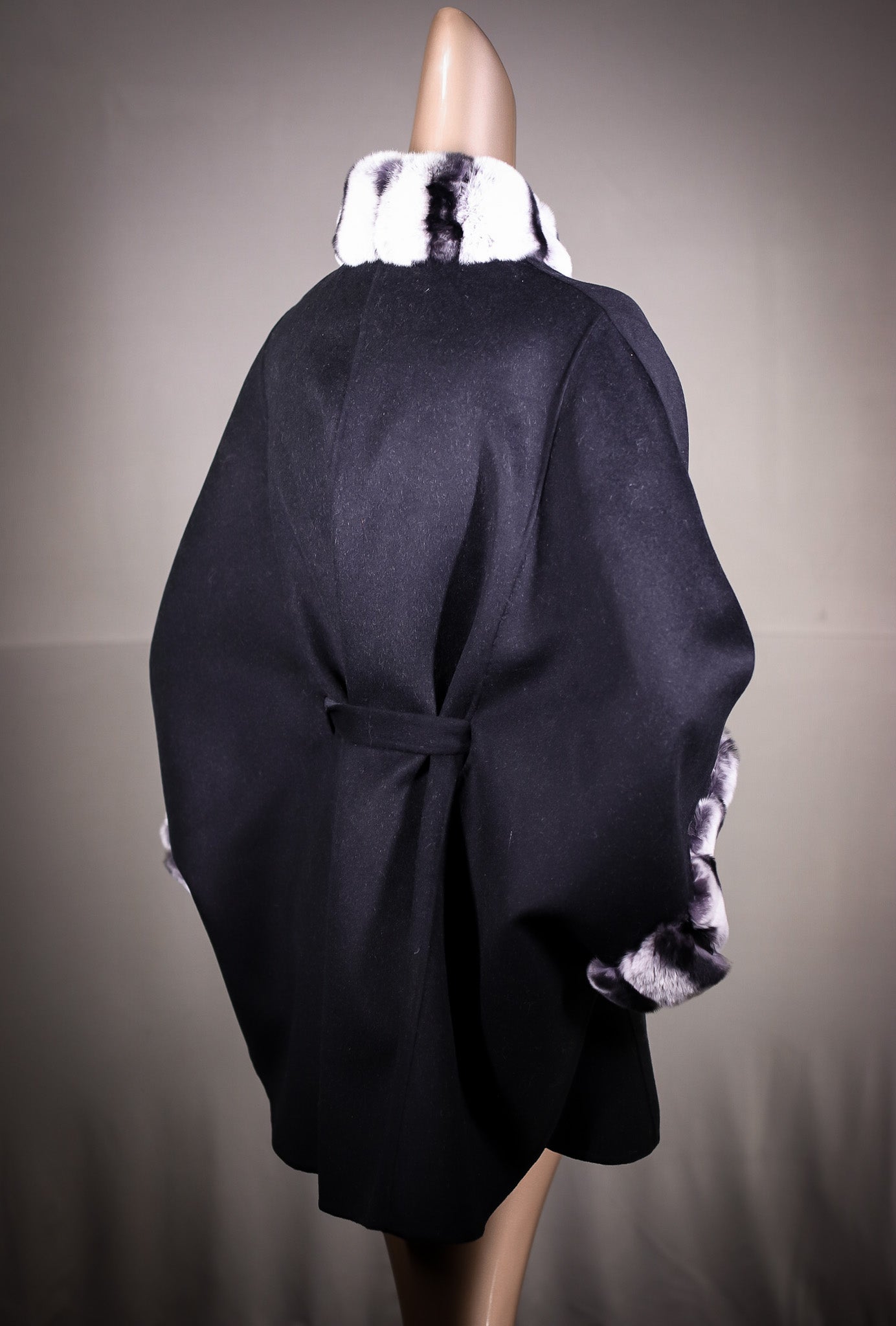 Reversible Wool Belted Cape with Chinchilla REX Rabbit Collar and Cuff