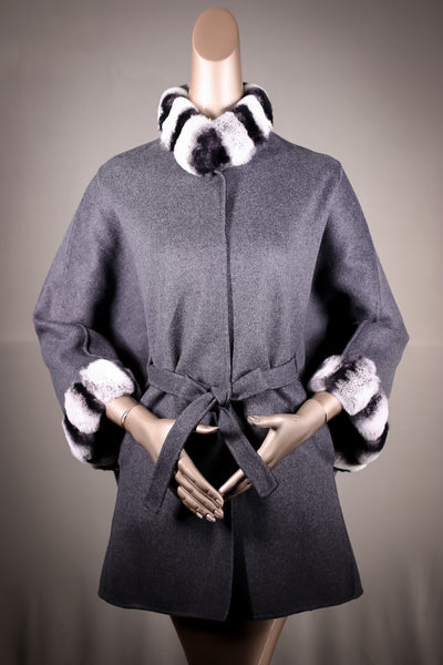 Reversible Wool Belted Cape with Chinchilla REX Rabbit Collar and Cuff