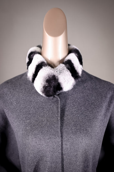 Reversible Wool Belted Cape with Chinchilla REX Rabbit Collar and Cuff