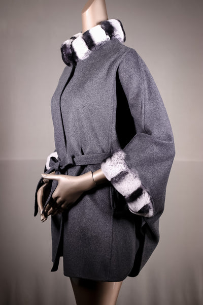 Reversible Wool Belted Cape with Chinchilla REX Rabbit Collar and Cuff