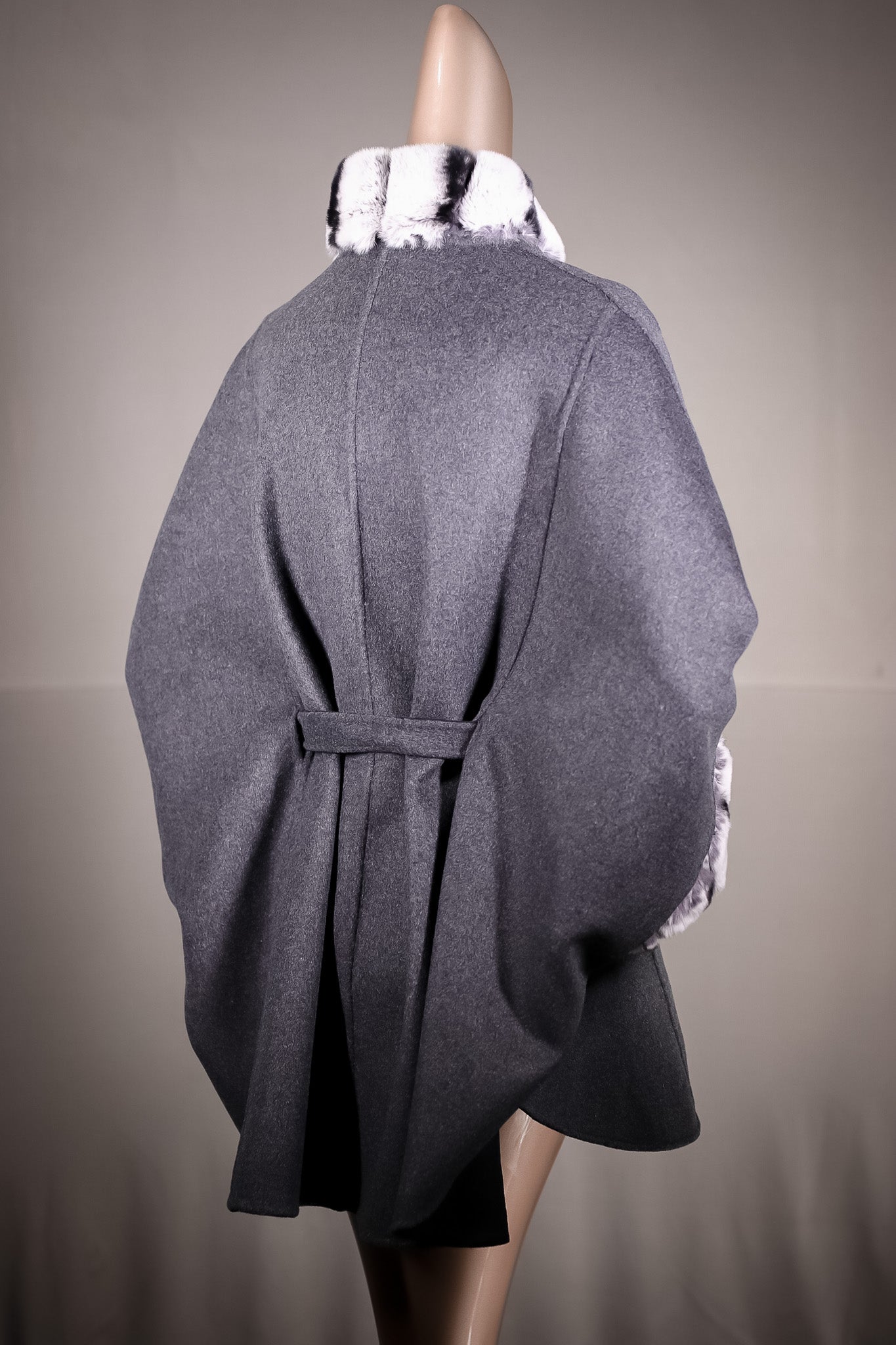 Reversible Wool Belted Cape with Chinchilla REX Rabbit Collar and Cuff