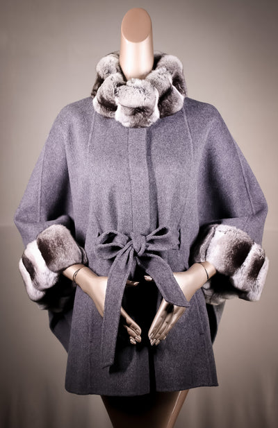 Cashmere Cape with Natural Chinchilla Collar and Cuffs