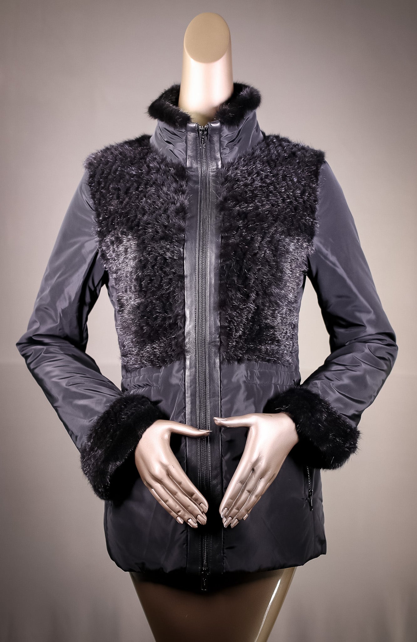 Nylon Jacket with Woven Mink Panels, Collar, and Cuff