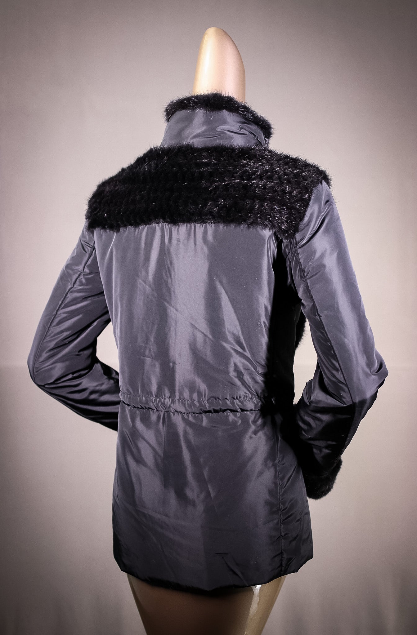Nylon Jacket with Woven Mink Panels, Collar, and Cuff