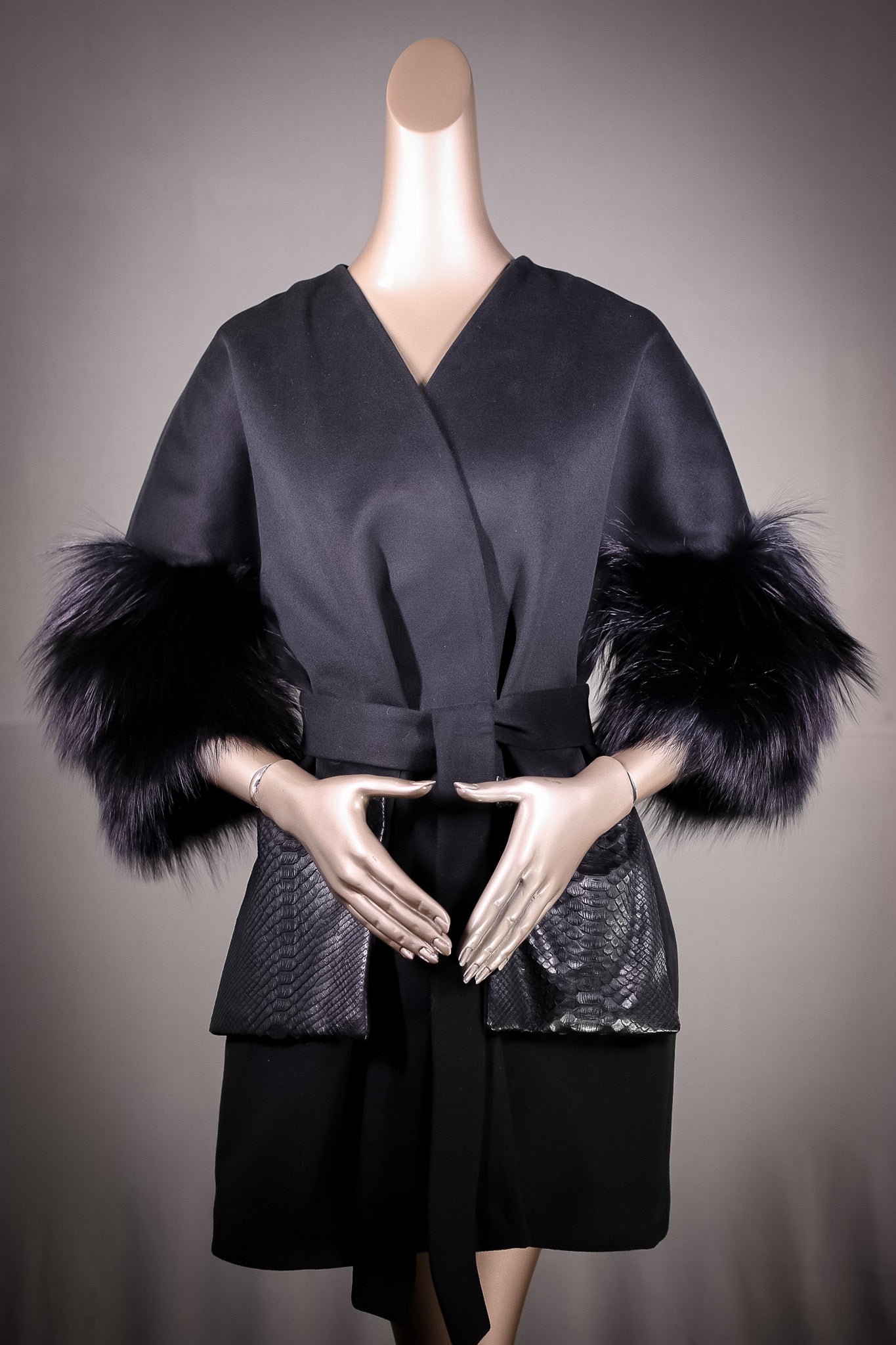 Italian Cashmere Belted Cape with Python Pockets and Silver Fox Sleeves