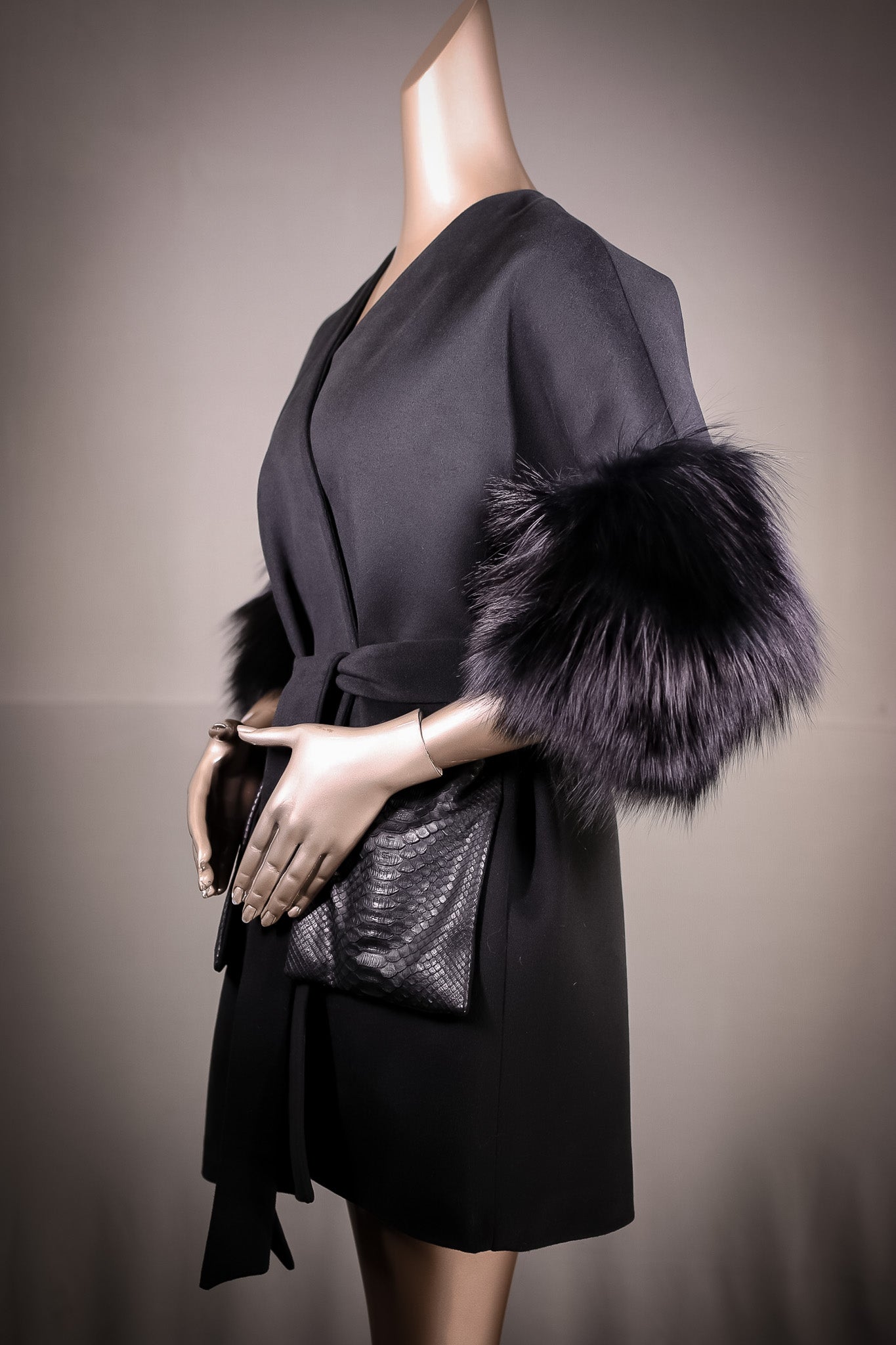 Italian Cashmere Belted Cape with Python Pockets and Silver Fox Sleeves