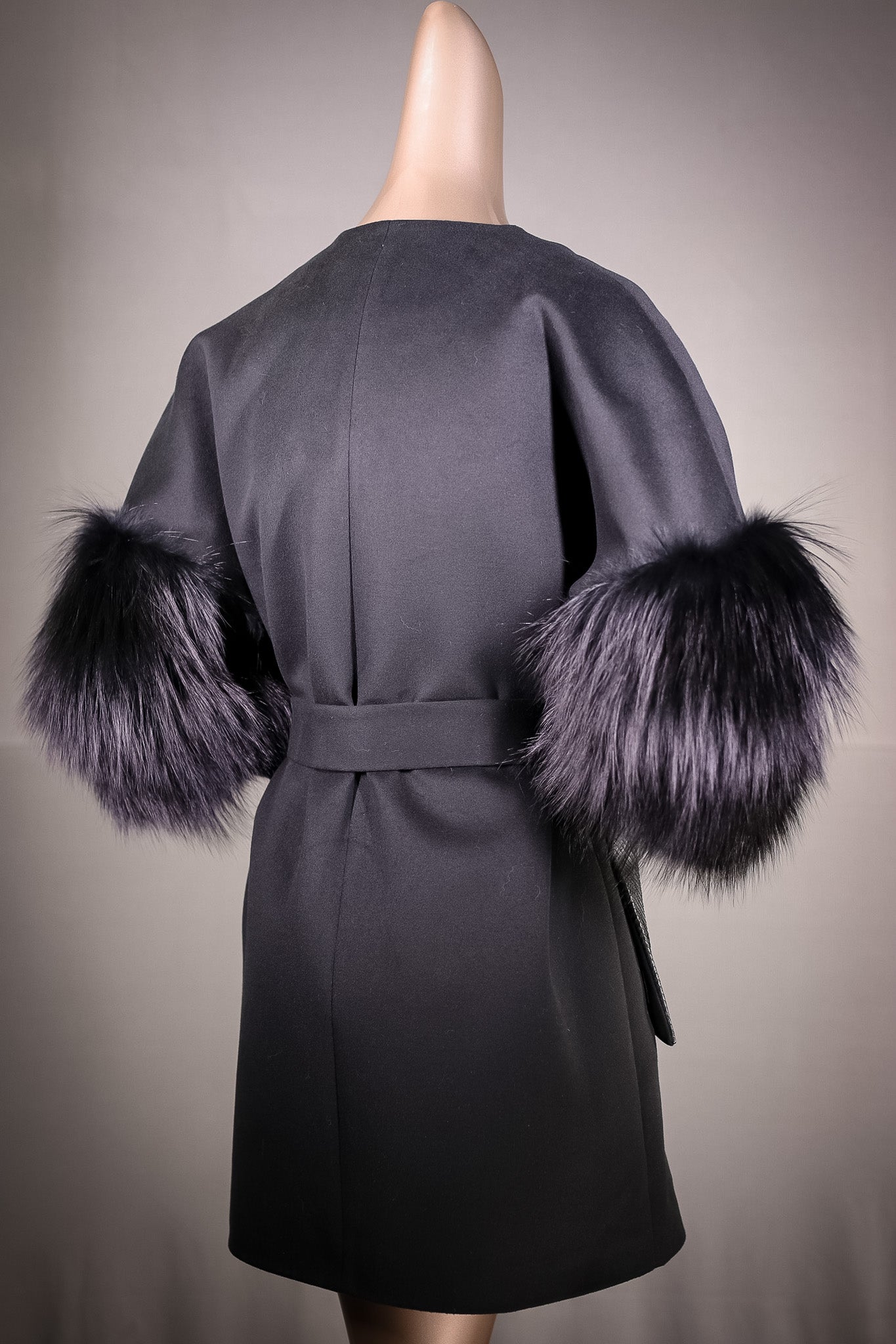 Italian Cashmere Belted Cape with Python Pockets and Silver Fox Sleeves