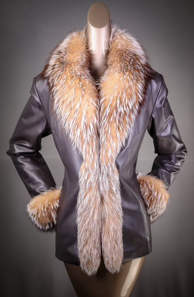 Italian Lamb Leather Jacket with Crystal Fox Tuxedo and Cuffs