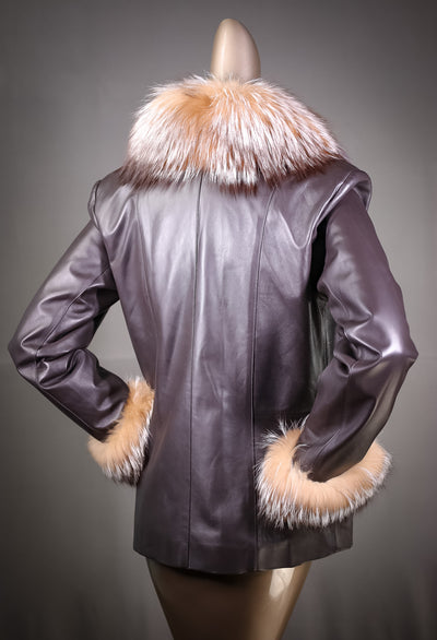 Italian Lamb Leather Jacket with Crystal Fox Tuxedo and Cuffs
