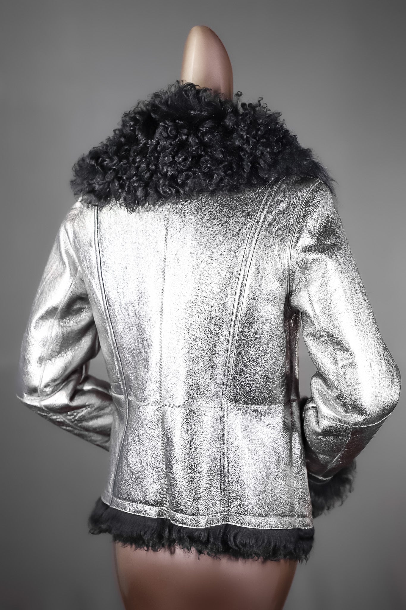 Metallic-Embossed Leather Jacket with Spanish Shearling Collar, Cuff, and Liner
