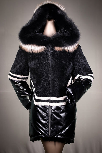 Lamb Shearling Jacket with Fox Trimmed Hood and Removable Nylon Sleeves